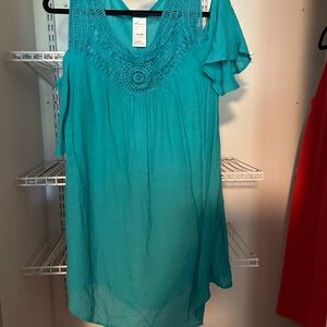 Catalina Flutter Sleeve Blouse in Blue and Green with Ruffled Bib Collar